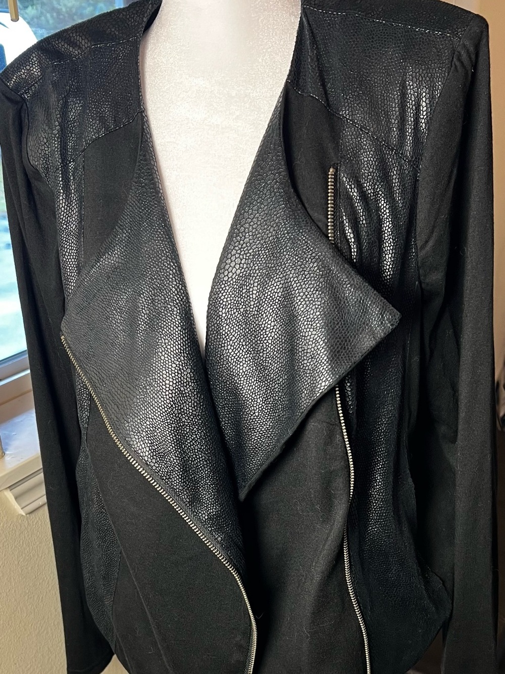 G by Giuliana Black Faux-Leather Draped Open Front Jacket
